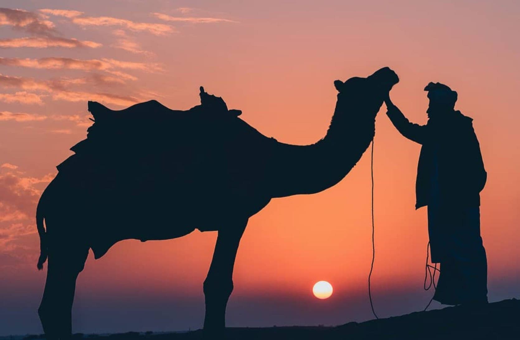 Camel and its handler silhouetted against a desert sunset in Rajasthan