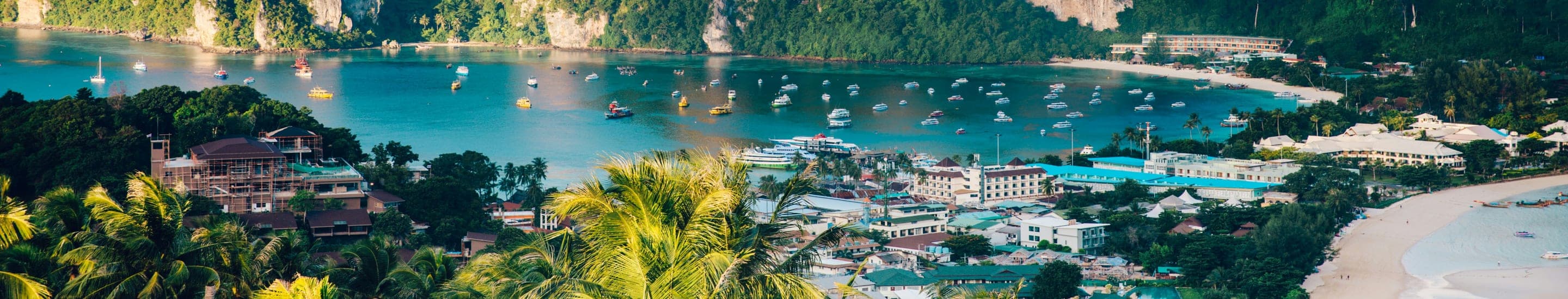 Aerial view of boats moored in a turquoise bay beside a palm-lined town