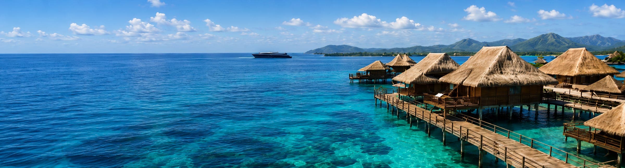 Thatched overwater villas along a timber jetty above a turquoise lagoon